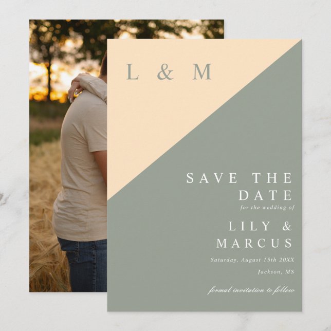 Sage Green And Cream Monogram Wedding Photo Save The Date (Front/Back)