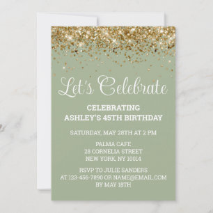 Sage Green and Gold 45th Birthday Let's Celebrate Invitation
