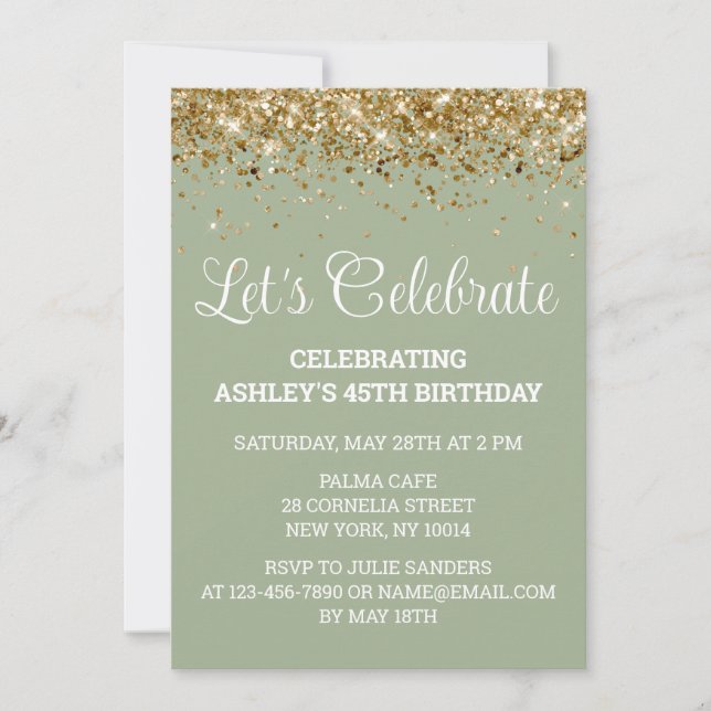 Sage Green and Gold 45th Birthday Let's Celebrate Invitation (Front)