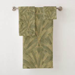 Sage Green and Gold Art Deco Pattern Bath Towel Set