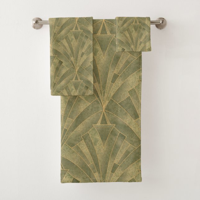 Sage Green and Gold Art Deco Pattern Bath Towel Set (Insitu)