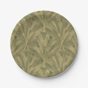 Sage Green and Gold Art Deco Pattern Paper Plate