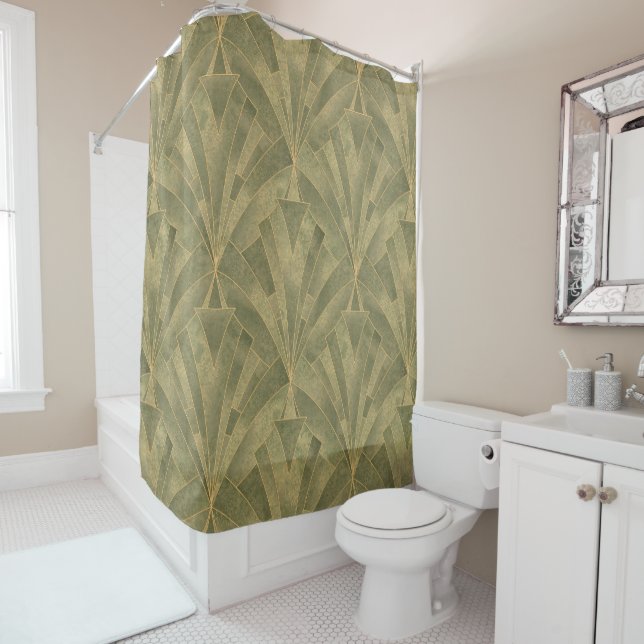 Sage Green and Gold Art Deco Pattern Shower Curtain (In Situ)