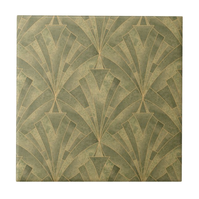 Sage Green and Gold Art Deco Pattern Tile (Front)