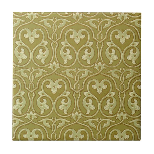 Sage Green and Gold Art Nouveau Pattern Tile (Front)