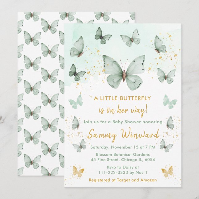 Sage Green and Gold Butterfly Baby Shower Invitation (Front/Back)