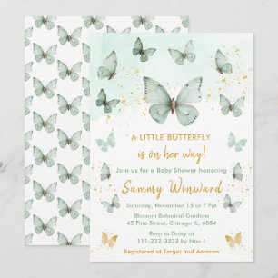 Sage Green and Gold Butterfly Baby Shower Invitation