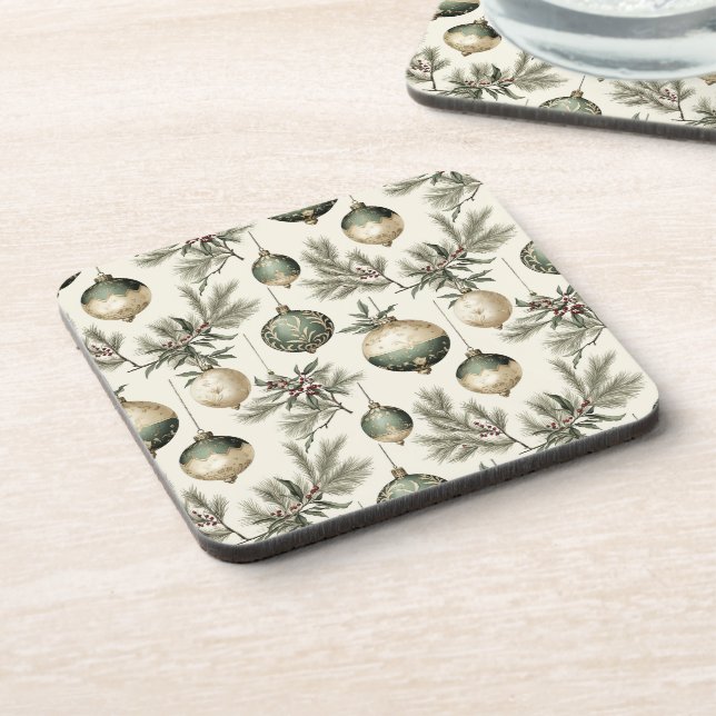 Sage Green and Gold Christmas Ornaments  Coaster (Left Side)