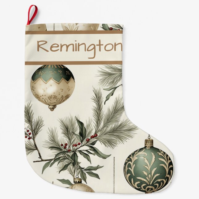 Sage Green and Gold Christmas Ornaments  Large Christmas Stocking (Front)