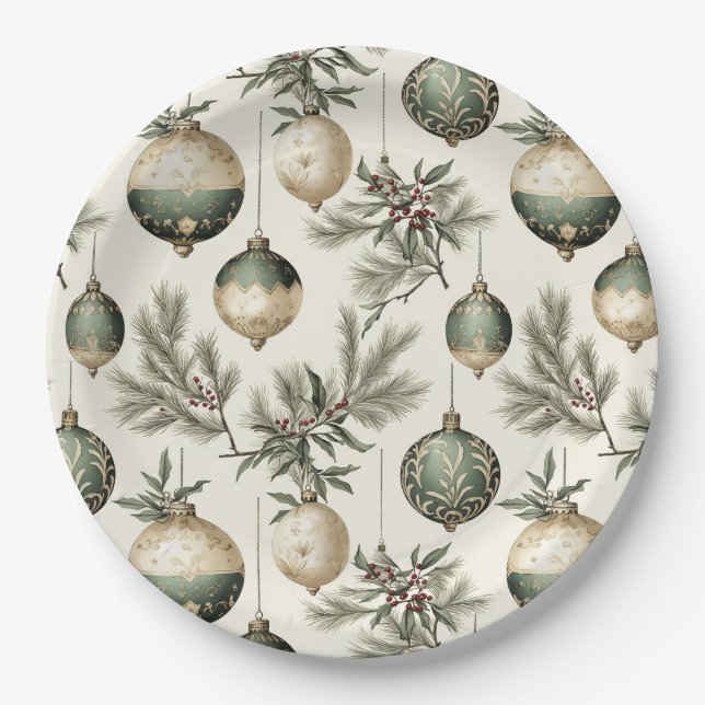 Sage Green and Gold Christmas Ornaments Paper Plate (Front)