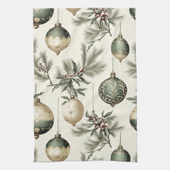 Sage Green and Gold Christmas Ornaments  Tea Towel (Vertical)