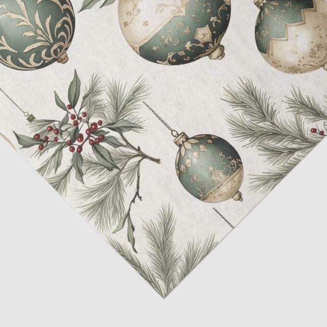Sage Green and Gold Christmas Ornaments  Tissue Paper (Detail)