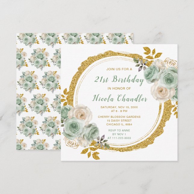 Sage Green and Gold Elegant Flowers Birthday Party Invitation (Front/Back)