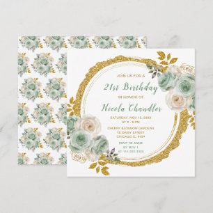 Sage Green and Gold Elegant Flowers Birthday Party Invitation