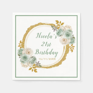 Sage Green and Gold Elegant Flowers Birthday Party Napkin