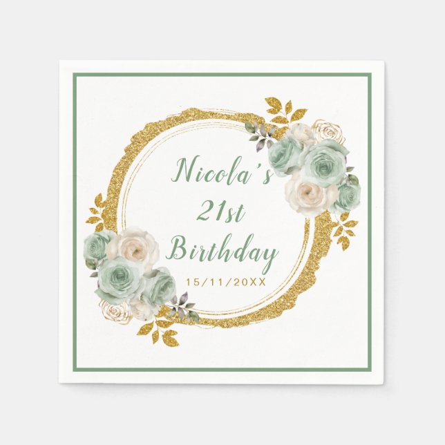 Sage Green and Gold Elegant Flowers Birthday Party Napkin (Front)