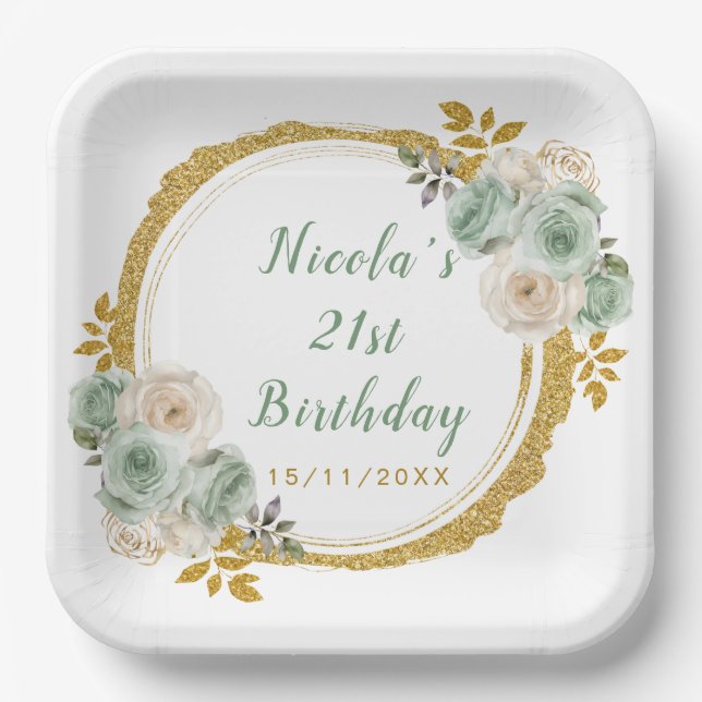 Sage Green and Gold Elegant Flowers Birthday Party Paper Plate (Front)