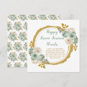 Sage Green and Gold Elegant Flowers Sweet Sixteen Card