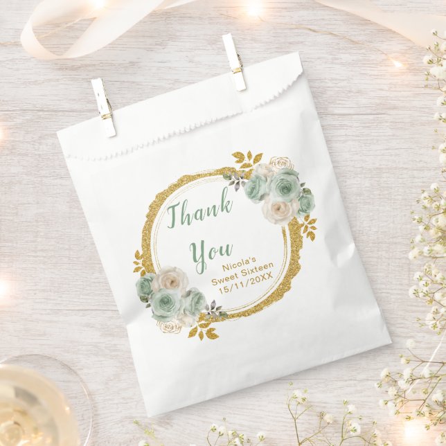 Sage Green and Gold Elegant Flowers Sweet Sixteen Favour Bags (Clipped)