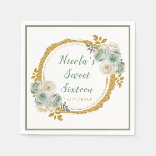 Sage Green and Gold Elegant Flowers Sweet Sixteen Napkin