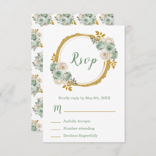Sage Green and Gold Elegant Flowers Sweet Sixteen RSVP Card (Front/Back)