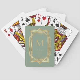 Sage Green and Gold Geometric   Monogram & Name Playing Cards