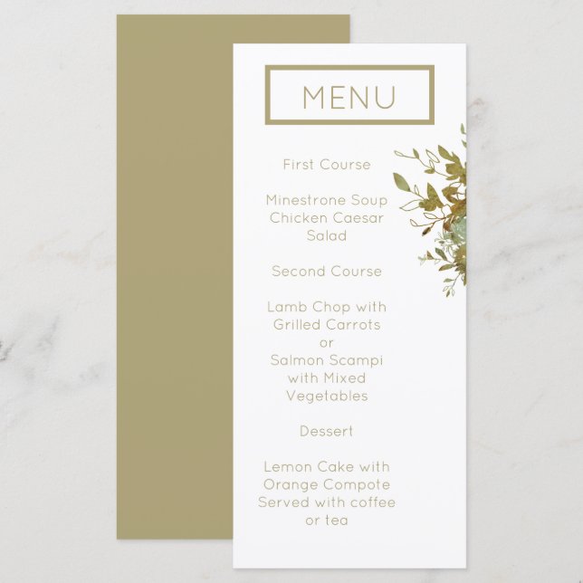 Sage Green and Gold Modern Minimalist Wedding Menu (Front/Back)