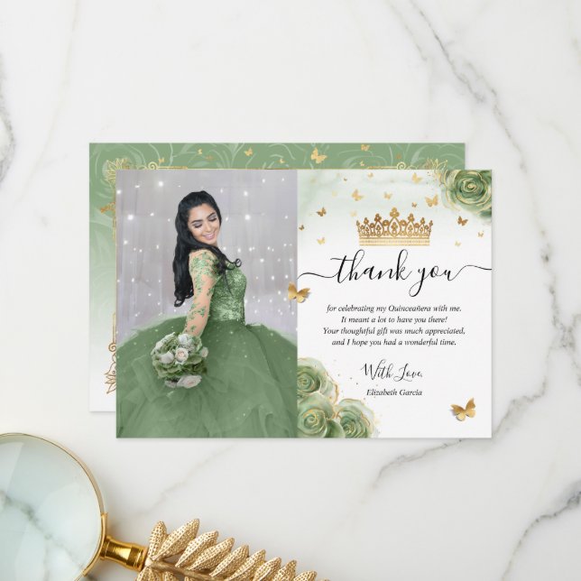 Sage Green and Gold Quinceañera Photo Birthday Thank You Card (Front/Back In Situ)