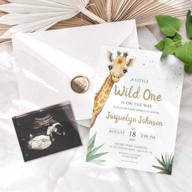 Sage Green and Gold Safari Giraffe Baby Shower Invitation (You're in for an adventure with this little wild one! This minimalist Giraffe invite is perfect.)