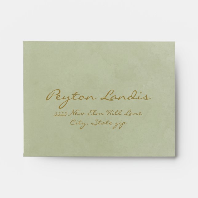 Sage Green and Gold Script Wedding RSVP Return Envelope (Front)