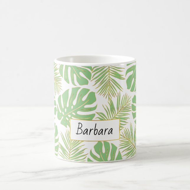 Sage green and gold tropical leaves and name coffee mug (Center)