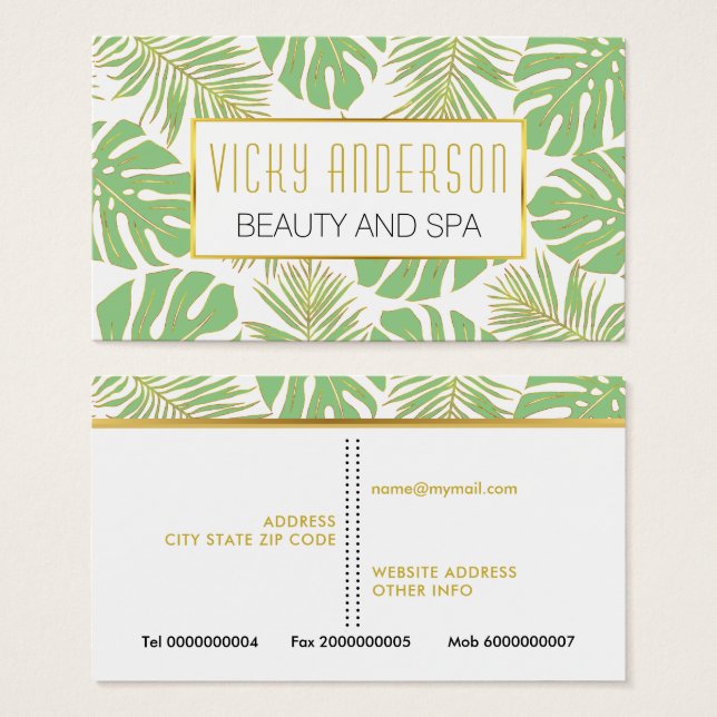 Sage green and gold tropical leaves business cards (Front & Back)