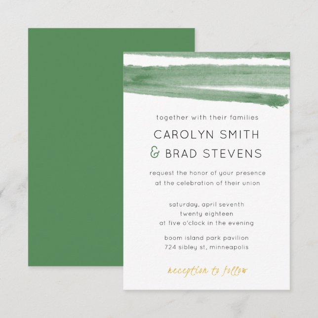 Sage Green and Gold Watercolor Striped Wedding Invitation (Front/Back)
