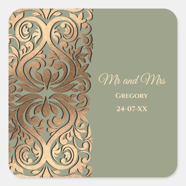 Sage Green and Gold Wedding Elegant Luxury Square Sticker (Front)