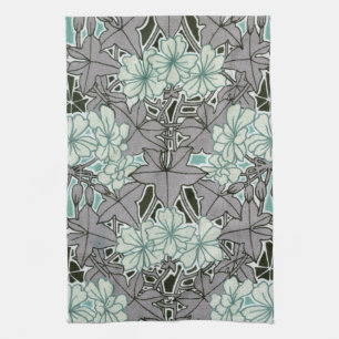 sage green and grey foliage art nouveau floral tea towel