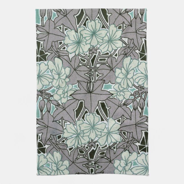 sage green and grey foliage art nouveau floral tea towel (Vertical)