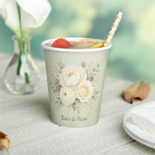 Sage Green and Ivory Floral Wedding Paper Cups