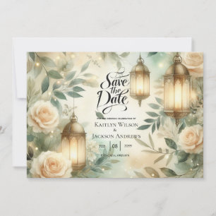 Sage Green and Ivory Rose Lantern Save the Date