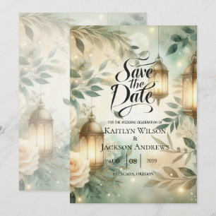 Sage Green and Ivory Rose Lantern Save the Date