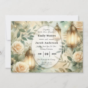 Sage Green and Ivory Rose Lantern Wedding Invitation