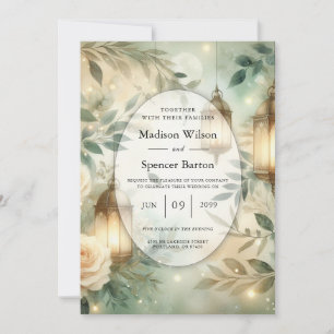 Sage Green and Ivory Rose Lantern Wedding Invitation