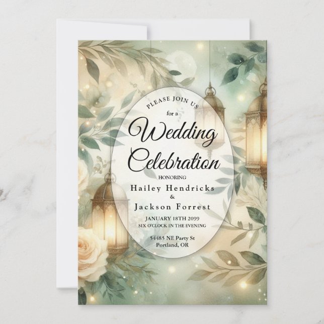 Sage Green and Ivory Rose Lantern Wedding Invitation (Front)