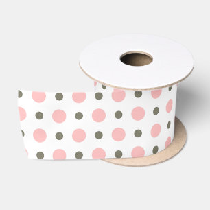 sage green and light pink dots on white satin ribbon