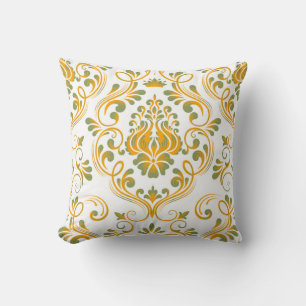 Sage Green and Orange Damask Floral Pattern Cushion