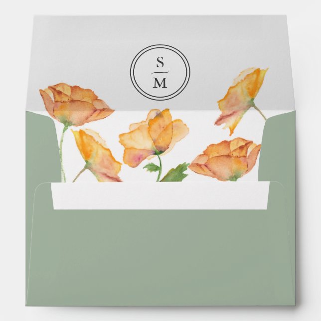 Sage Green and Orange Floral Wedding Theme Envelope (Back (Bottom))
