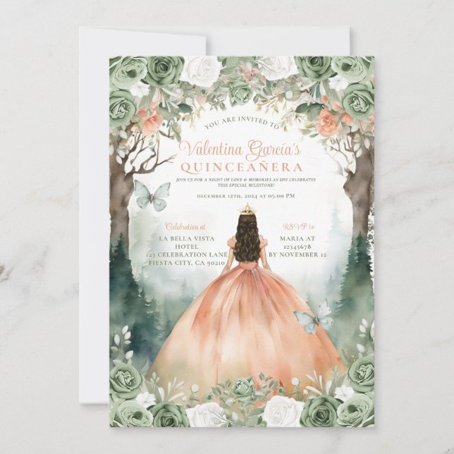 Sage Green and Orange Quinceañera 15 Anos Flowers Invitation (Front)