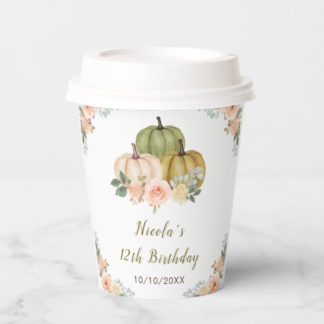 Sage Green and Peach Floral Pumpkin Birthday Party Paper Cups (Front)