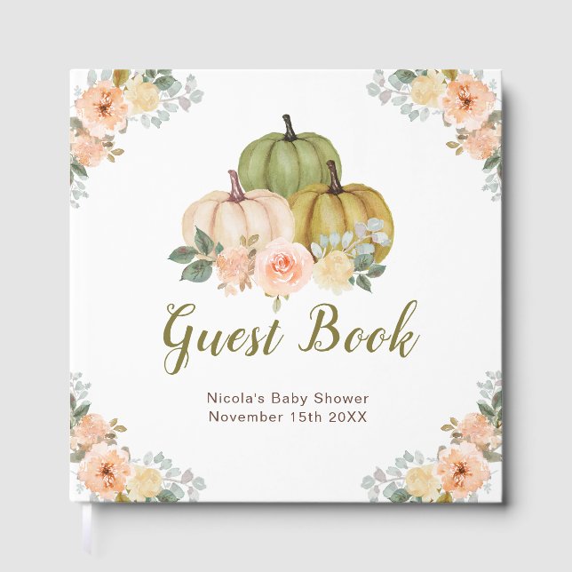 Sage Green and Peach Floral Pumpkins Baby Shower Guest Book (Front)