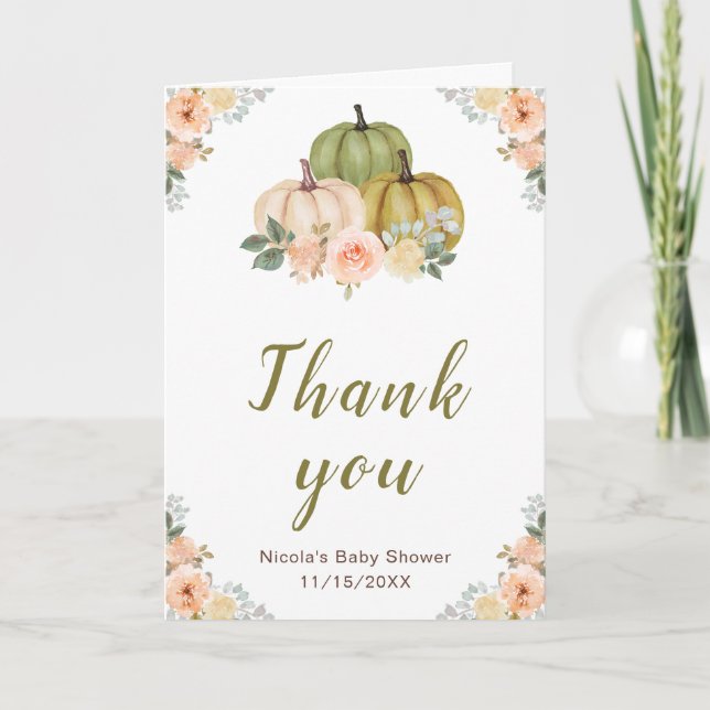 Sage Green and Peach Floral Pumpkins Baby Shower Thank You Card (Front)