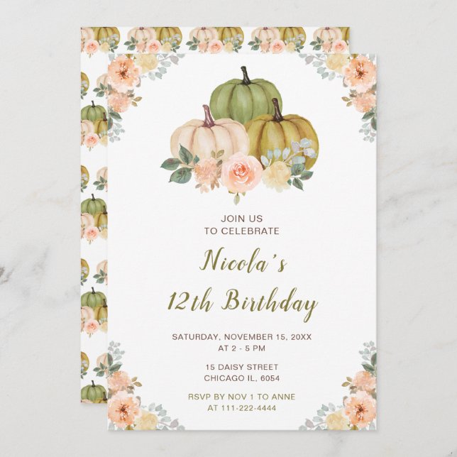 Sage Green and Peach Floral Pumpkins Birthday Invitation (Front/Back)
